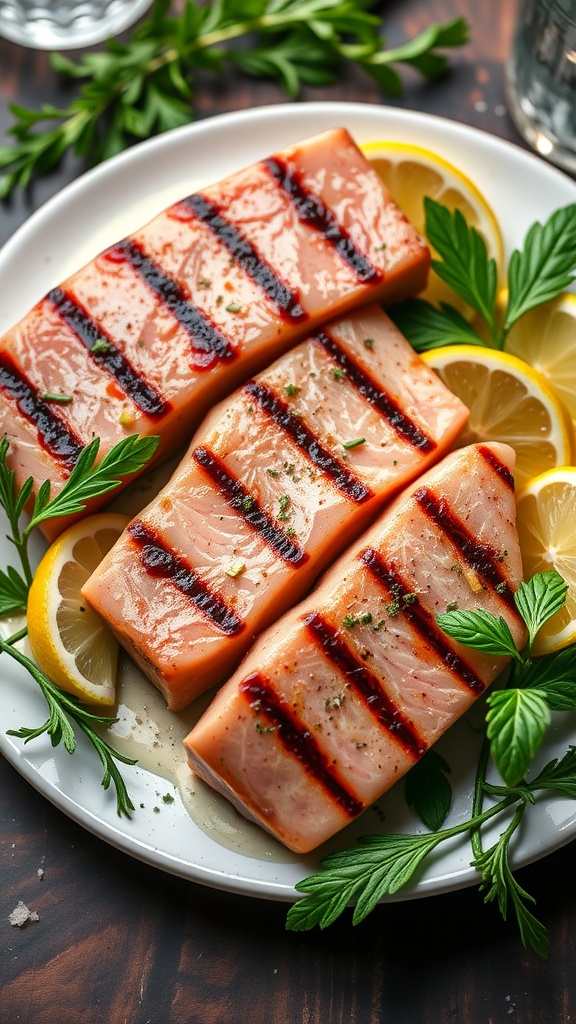 Grilled tuna steaks on a plate with lemon slices and herbs