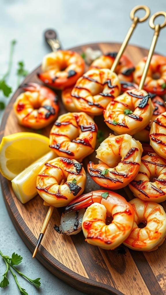 Marinated shrimp skewers with lemon wedges on a wooden platter.