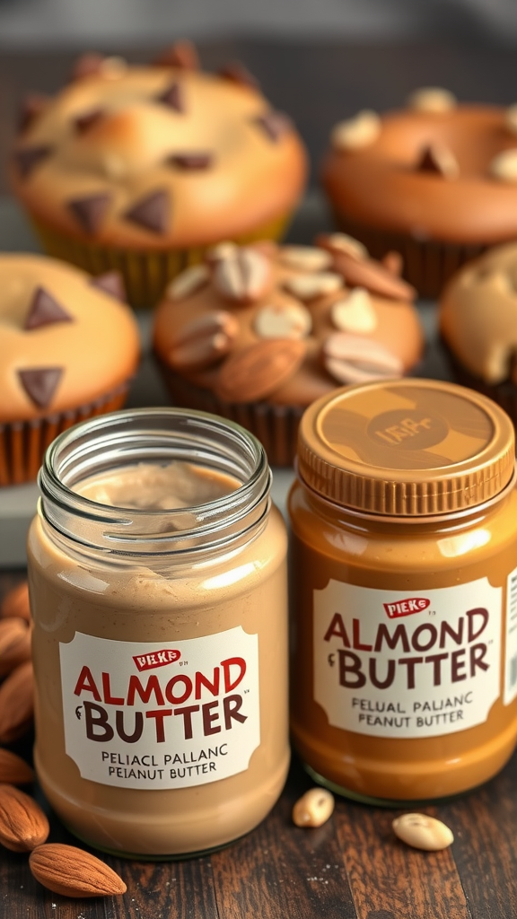 Jars of almond and peanut butter with almonds in the background.