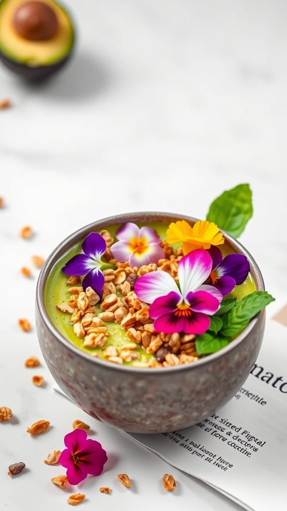 A bowl of matcha avocado smoothie topped with flowers and granola.