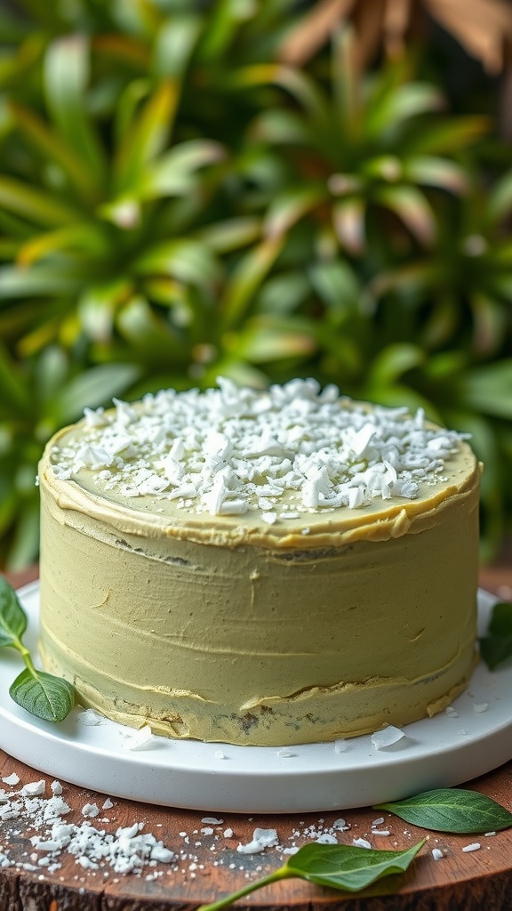 A delicious matcha coconut cake topped with shredded coconut, set against a lush green background.