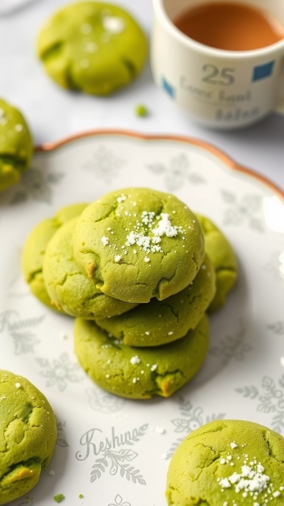 A plate of matcha green tea cookies with a cup of green tea.