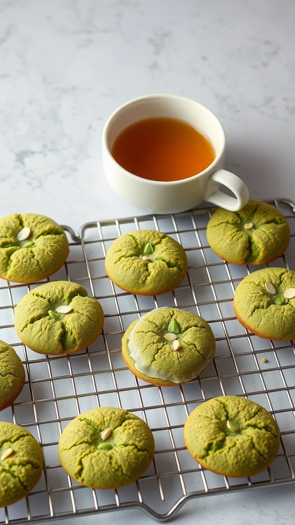 A tray of matcha green tea cookies next to a cup of tea.