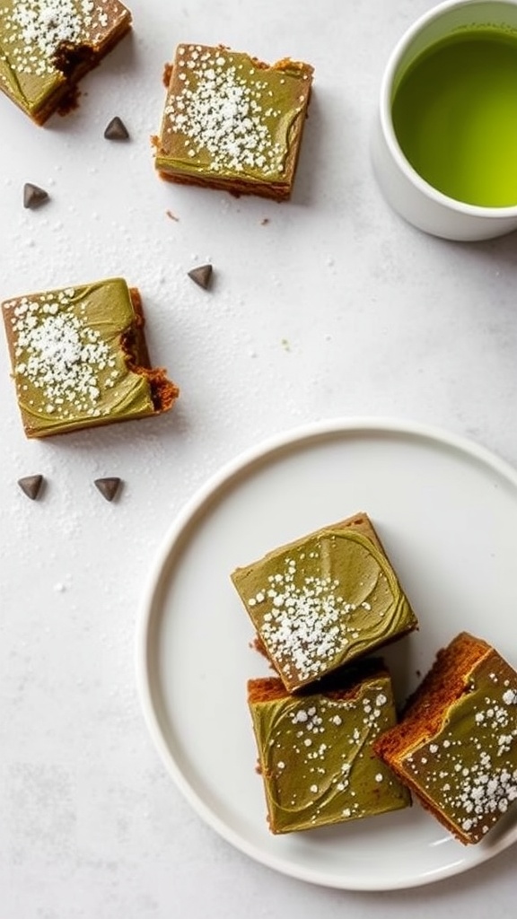 A plate of matcha green tea keto brownies topped with frosting and sprinkled with white sugar, beside a cup of green tea.