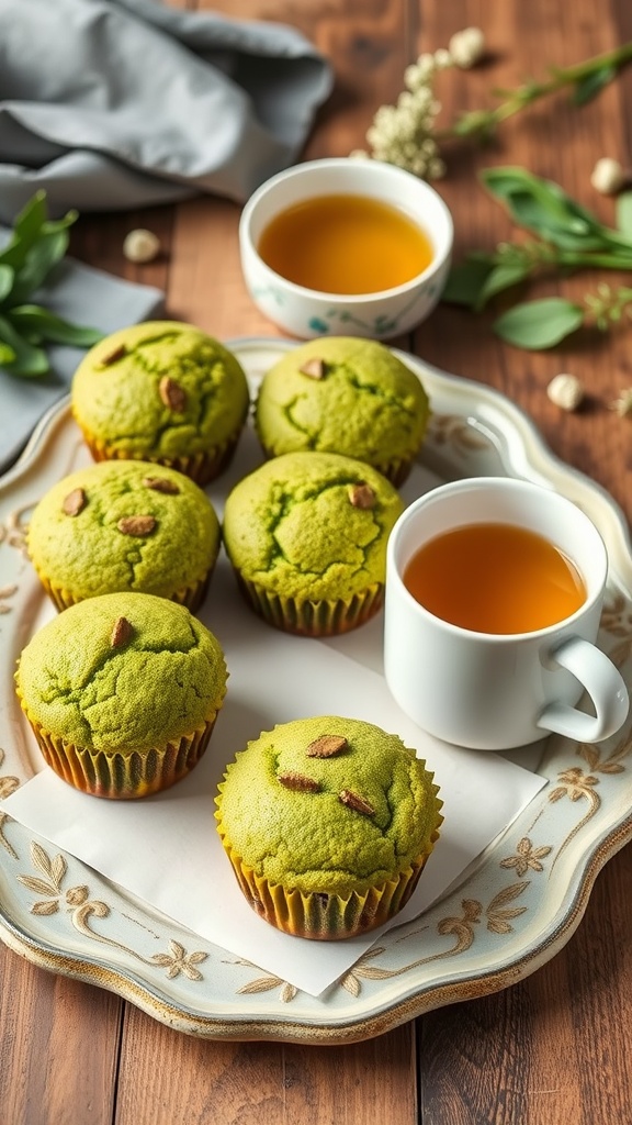 A plate of matcha green tea muffins with a cup of tea beside them.