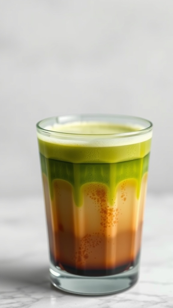 A glass of layered matcha keto coffee with a creamy texture.