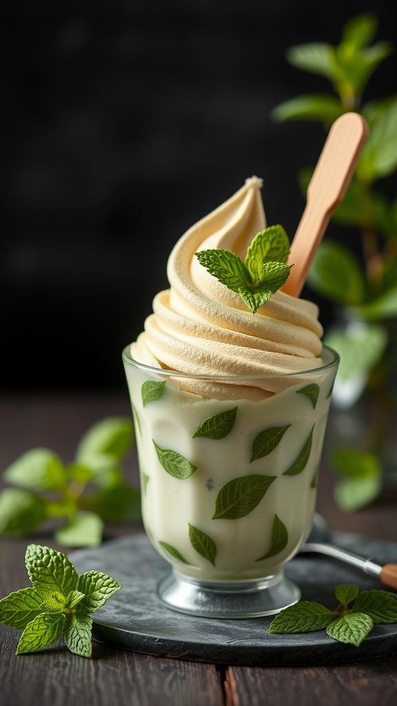 A cup of Matcha Mint Medley ice cream topped with mint leaves.