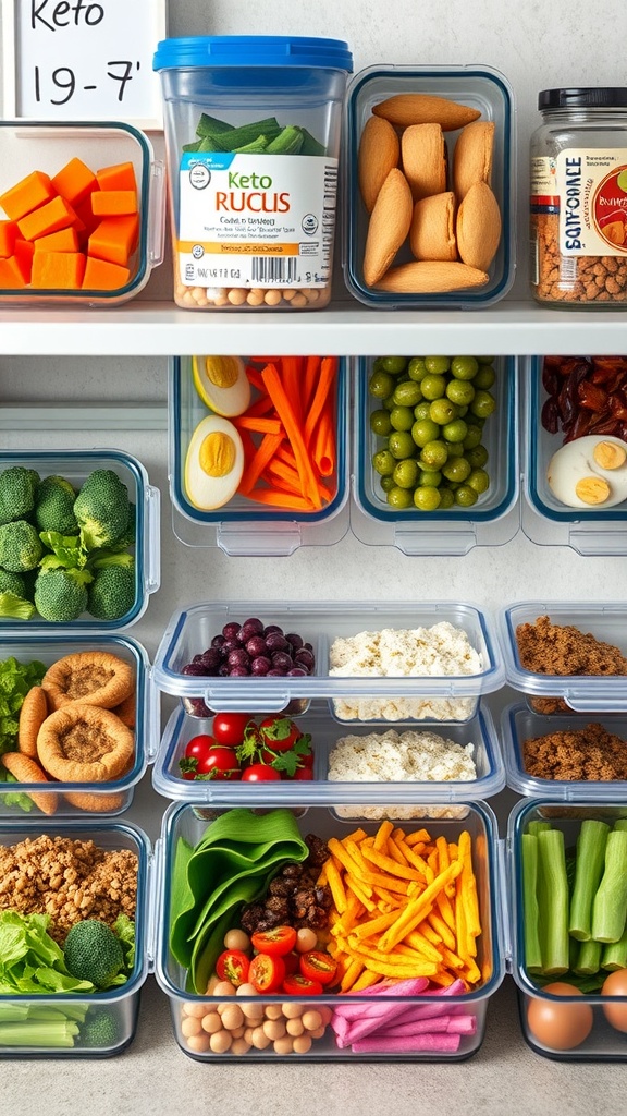 A neatly organized shelf with various containers filled with keto-friendly foods like vegetables, nuts, and eggs.