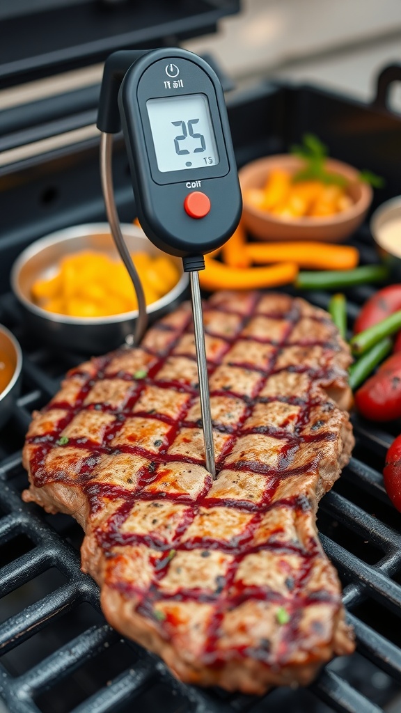 A meat thermometer inserted in a grilled steak with various dipping sauces in the background.