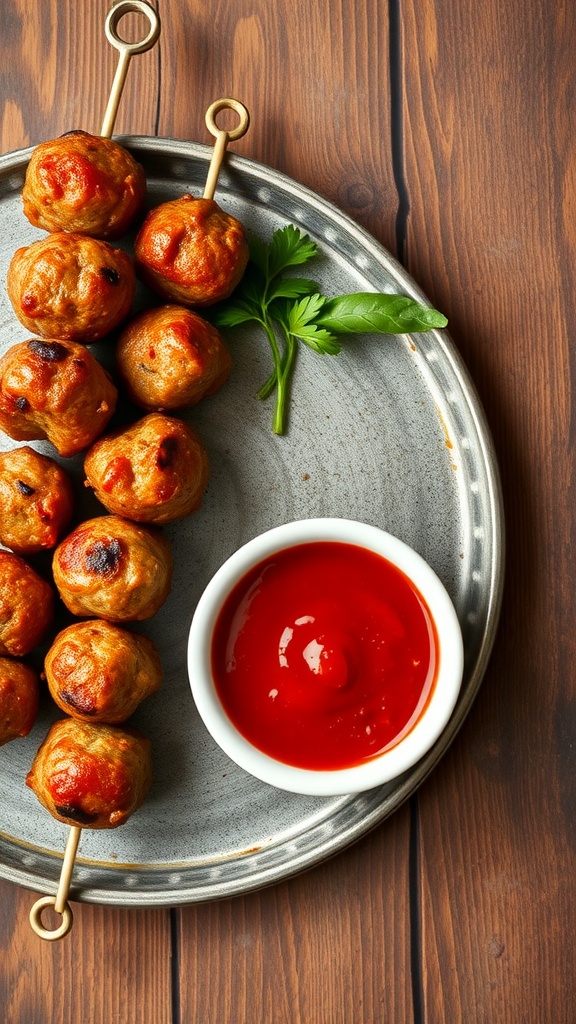 Meatball skewers arranged on a plate with a small bowl of marinara sauce and fresh parsley