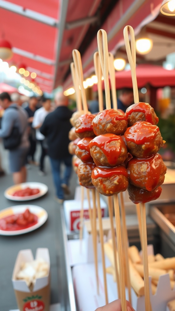 A close-up of meatball skewers topped with marinara sauce at a street festival.