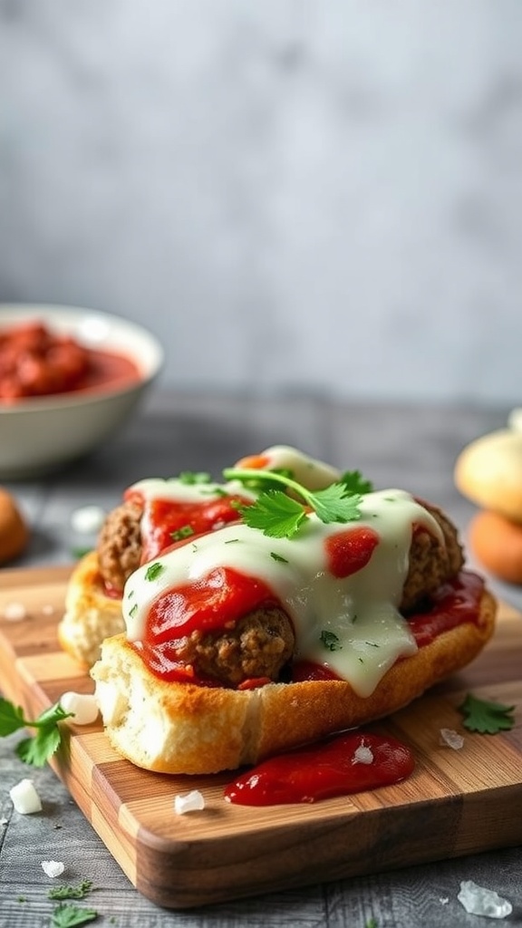 A delicious meatball sub with cauliflower bread, topped with cheese and ketchup, served on a wooden board.