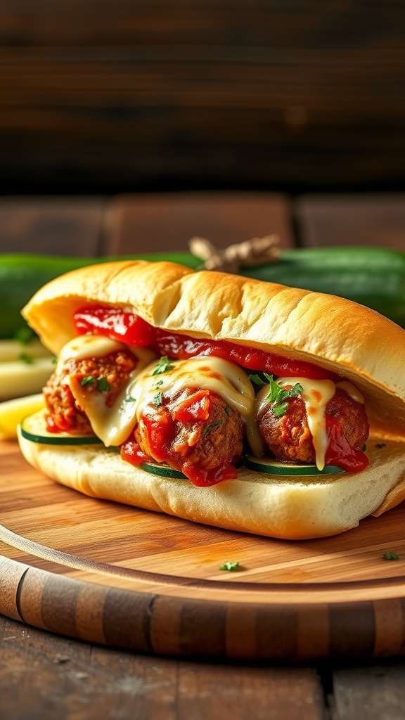 A delicious meatball sub featuring zucchini buns, meatballs, marinara sauce, and cheese, served on a wooden board.