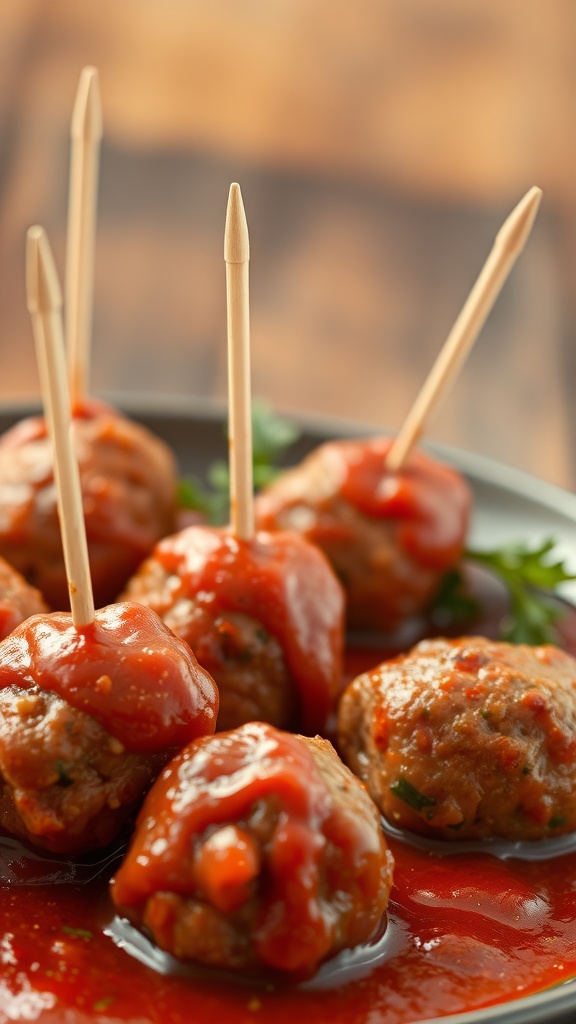 Delicious meatballs in marinara sauce with toothpicks