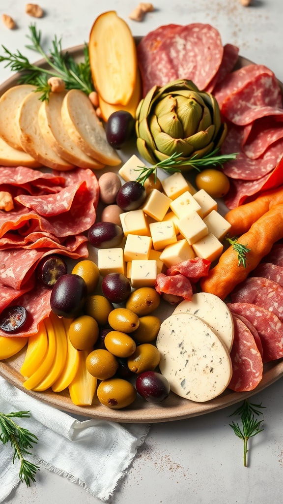 A beautifully arranged Mediterranean antipasto platter featuring cured meats, cheeses, olives, and vegetables.