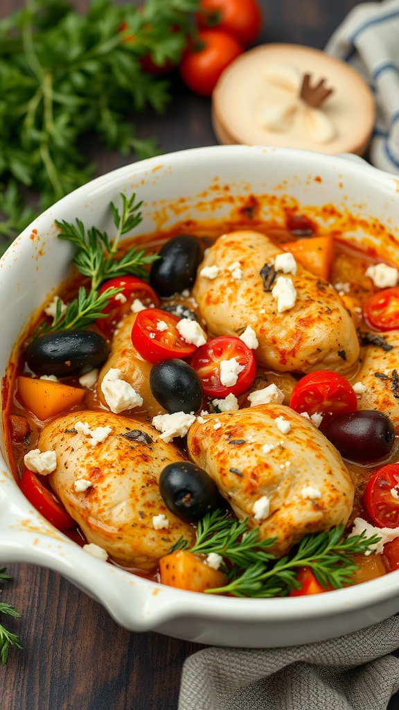 A delicious Mediterranean chicken bake with chicken breasts, tomatoes, olives, and herbs in a white casserole dish.