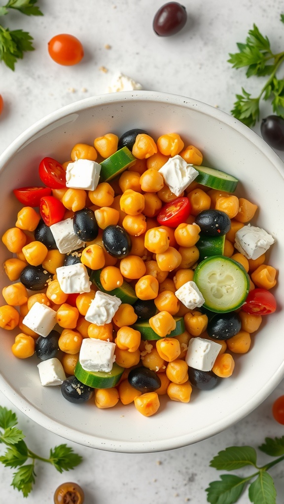 A bowl of Mediterranean Chickpea Salad with chickpeas, cucumbers, tomatoes, black olives, and feta cheese.