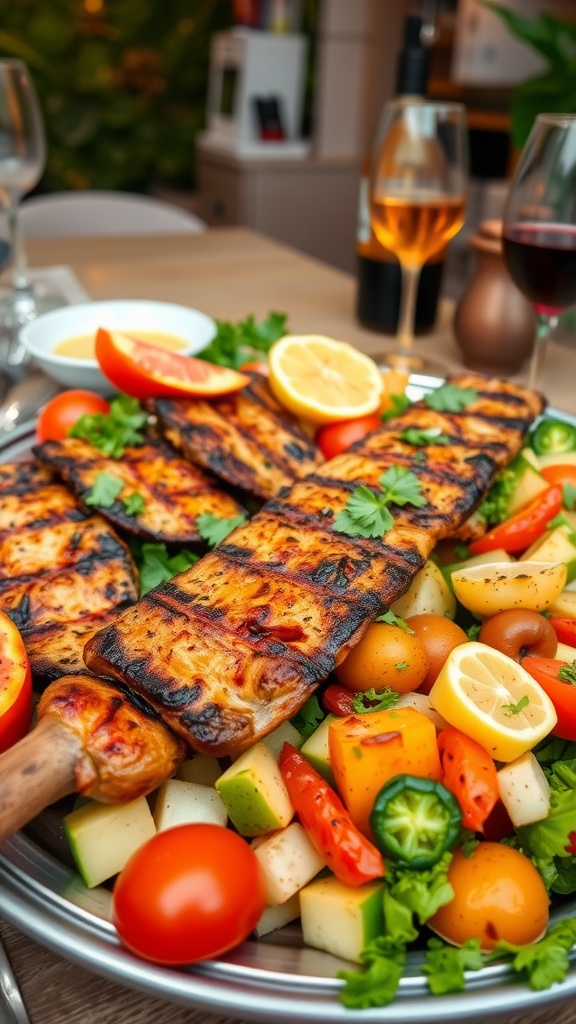 Grilled skewers with fresh vegetables and lemon slices on a platter