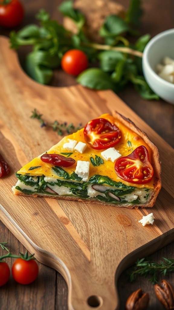 A slice of Mediterranean frittata on a wooden cutting board, topped with cherry tomatoes and feta cheese.