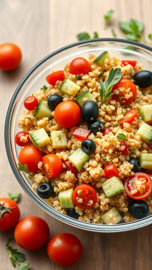 A colorful Mediterranean quinoa salad in a glass bowl with cherry tomatoes, cucumbers, and olives.