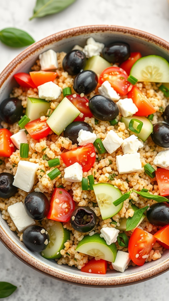 A bowl of Mediterranean quinoa salad with tomatoes, cucumbers, olives, and feta cheese.