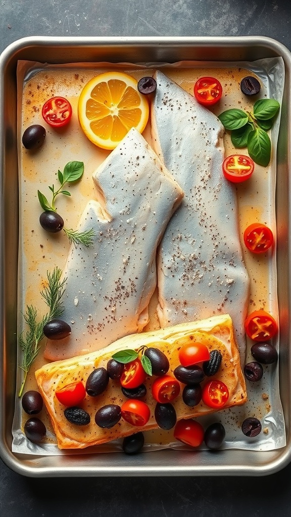 A sheet pan with salmon, olives, tomatoes, and lemon slices ready for cooking.