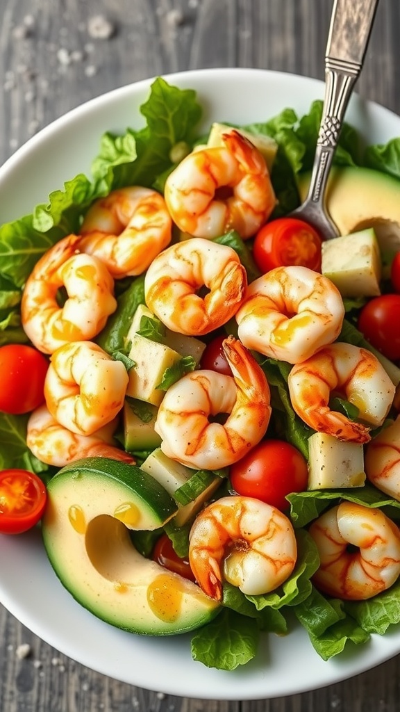 A vibrant salad featuring shrimp, avocado, cherry tomatoes, and lettuce.