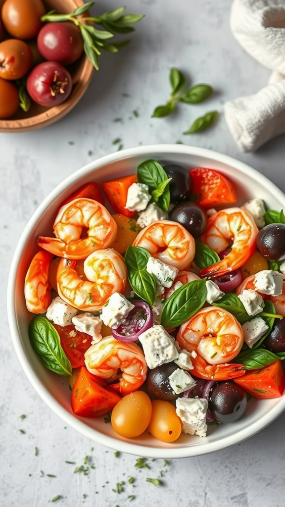 A bowl of Mediterranean shrimp salad with shrimp, tomatoes, olives, and basil.