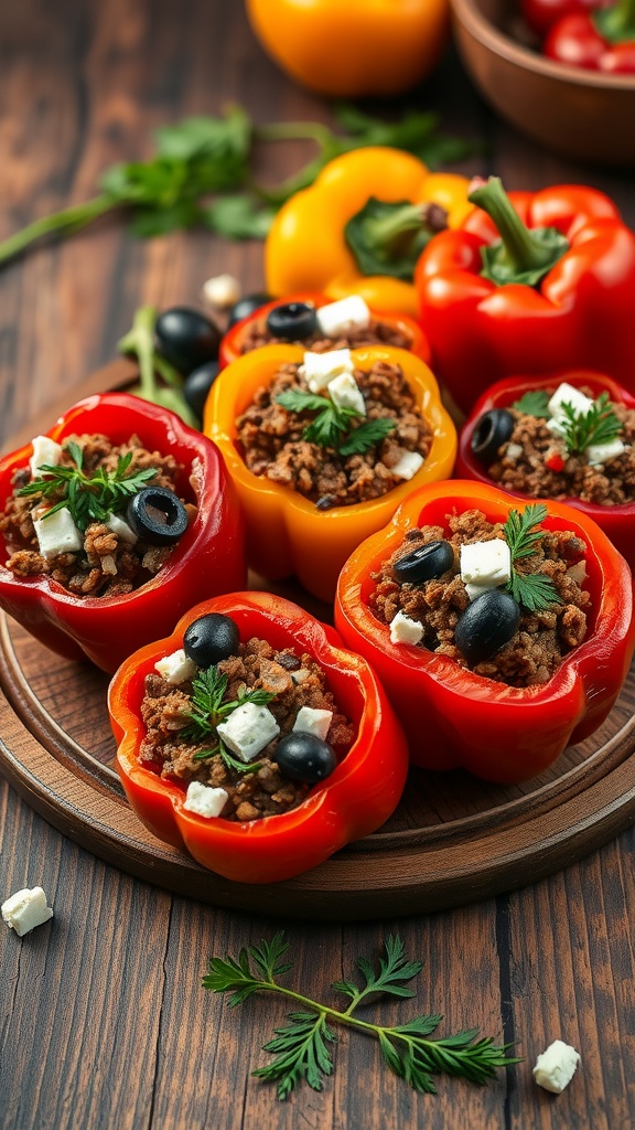 Colorful stuffed peppers filled with meat, olives, and feta on a wooden platter.