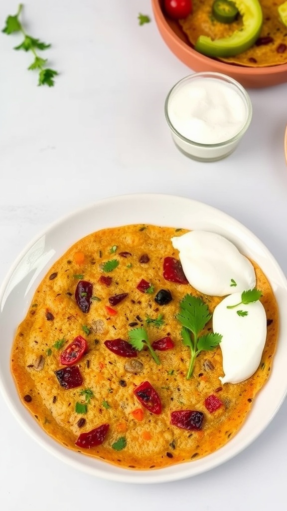 A plate of Methi Thepla with flaxseed, garnished with green coriander and served with yogurt.