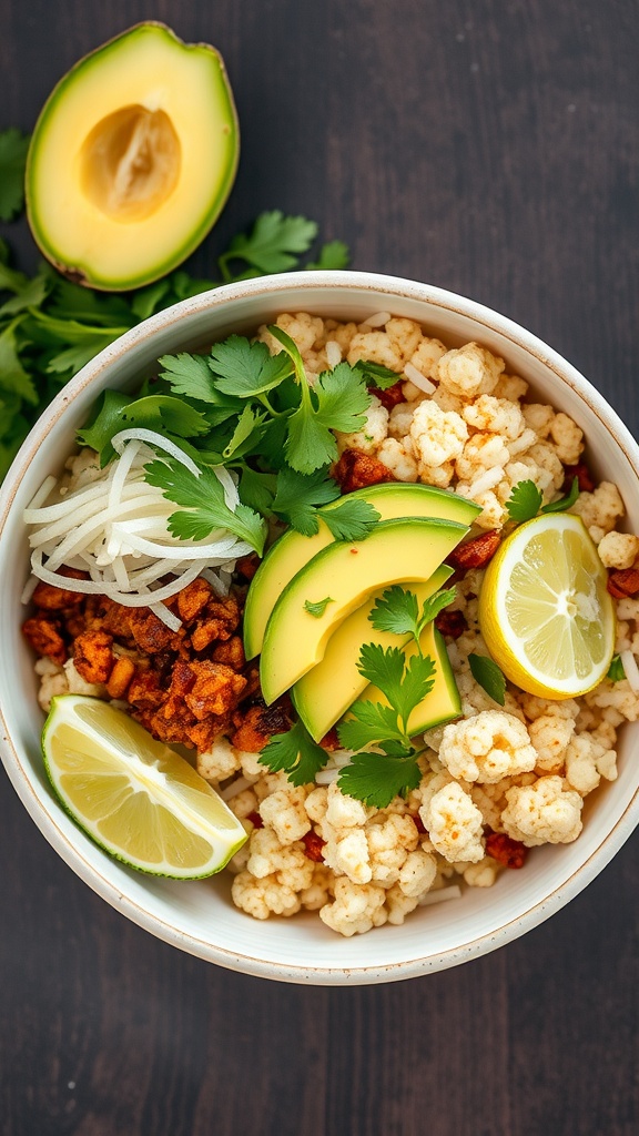 A bowl filled with Mexican cauliflower rice topped with avocado slices, lime wedges, and fresh herbs.