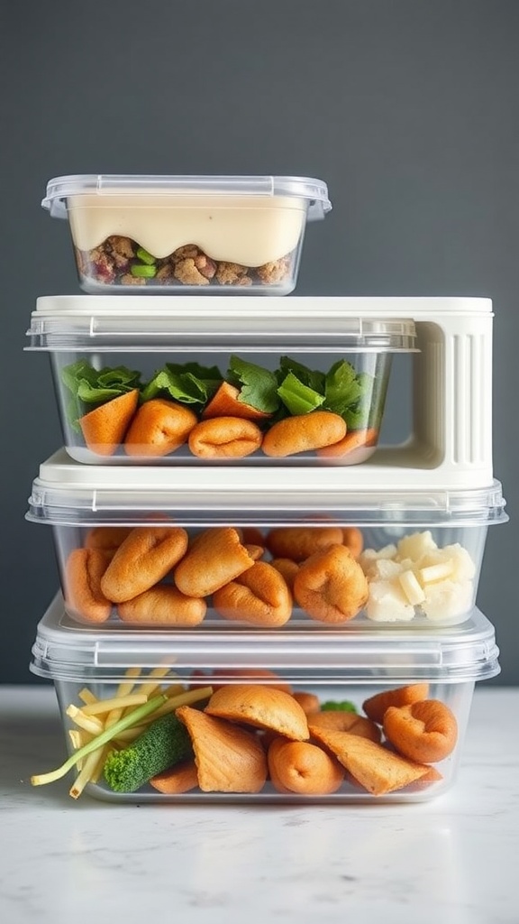 A stack of microwave safe plastic meal prep containers filled with various foods.