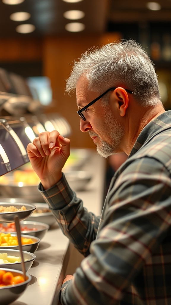 A man thoughtfully selecting food at a buffet.