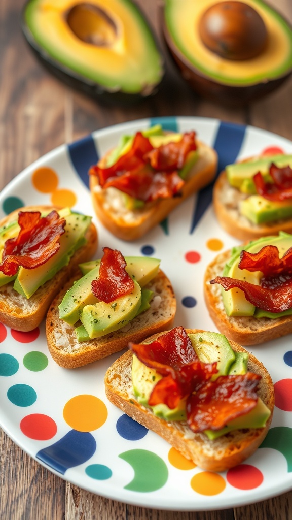 Mini avocado and bacon toasts on a colorful plate.