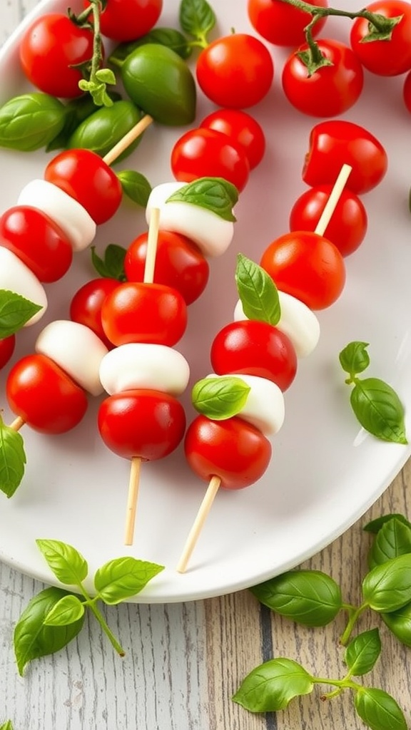 Mini Caprese salad bites with cherry tomatoes, mozzarella, and basil on skewers.