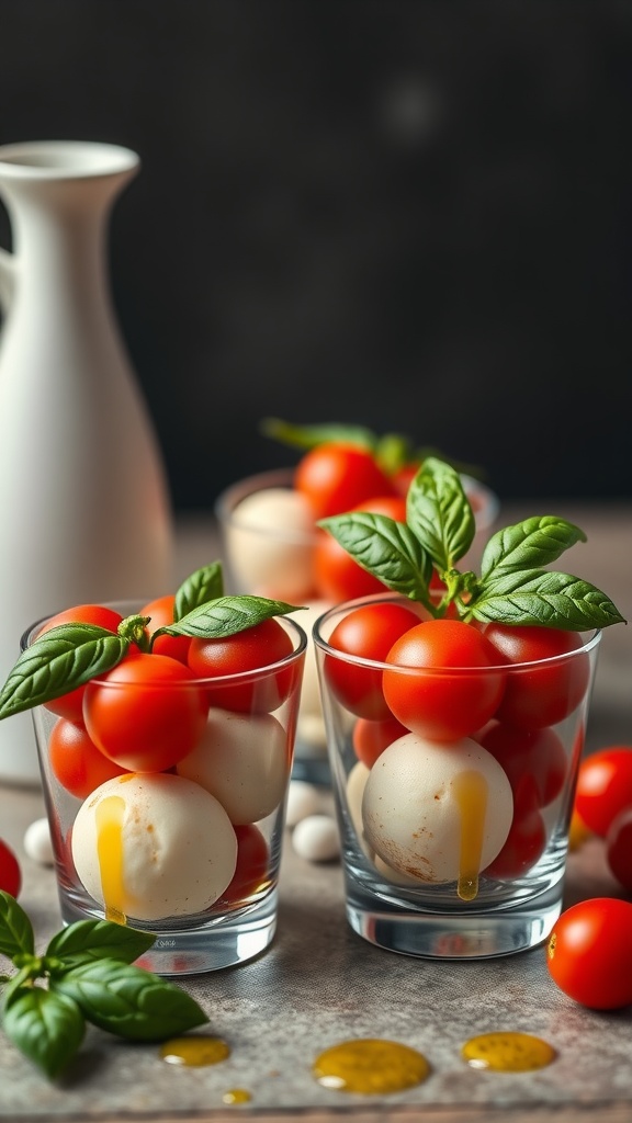 Mini Caprese Salad Cups with cherry tomatoes, mozzarella, and basil