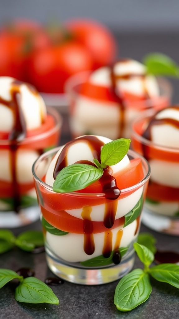 Mini Caprese salad cups with mozzarella, tomatoes, basil, and balsamic glaze