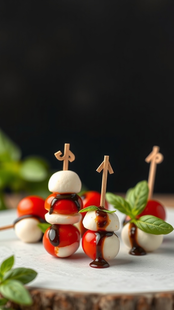 Mini Caprese skewers with cherry tomatoes, mozzarella, and basil on a platter.