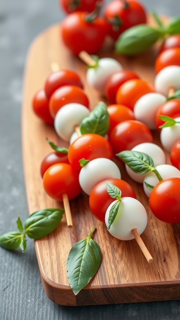 Mini Caprese skewers with cherry tomatoes, mozzarella, and basil on a wooden platter.