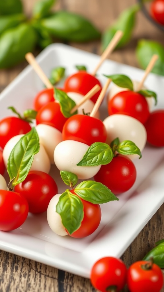 Mini Caprese skewers with cherry tomatoes, mozzarella, and basil on a plate.