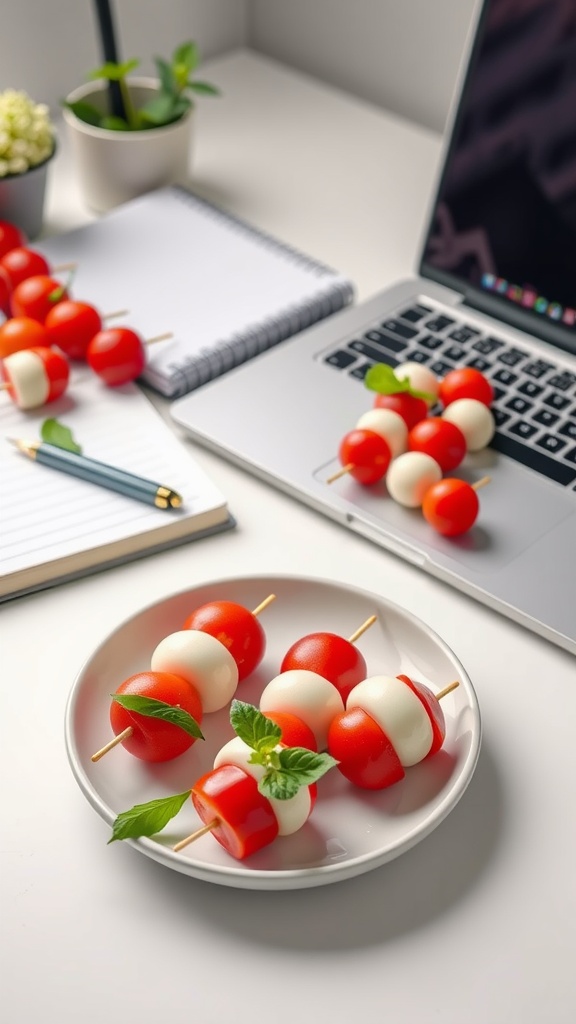 A plate of mini Caprese skewers with cherry tomatoes, mozzarella, and basil on a desk with a laptop and notepad.