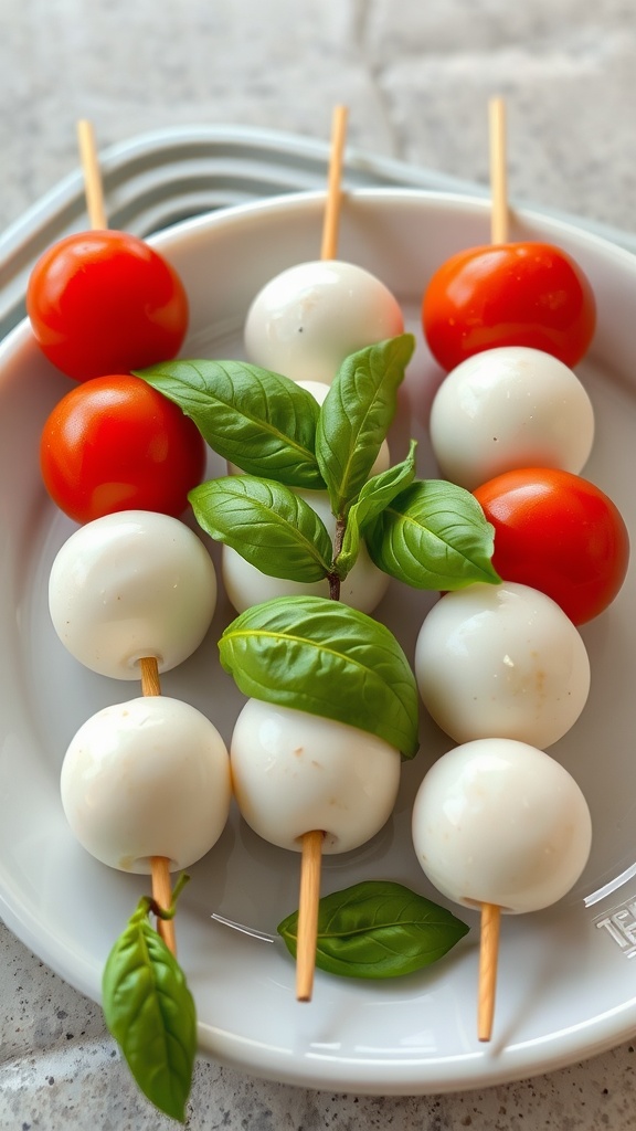 Mini Caprese skewers featuring mozzarella balls, cherry tomatoes, and basil on skewers.