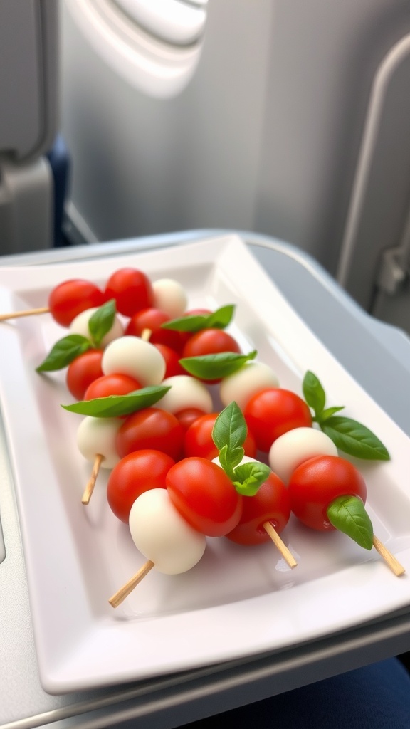 A plate of mini Caprese skewers featuring cherry tomatoes, mozzarella balls, and fresh basil leaves.