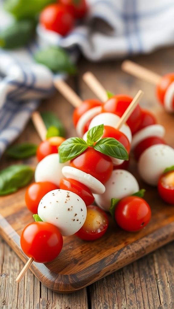 A plate of Mini Caprese skewers with cherry tomatoes, mozzarella, and basil on a wooden table.