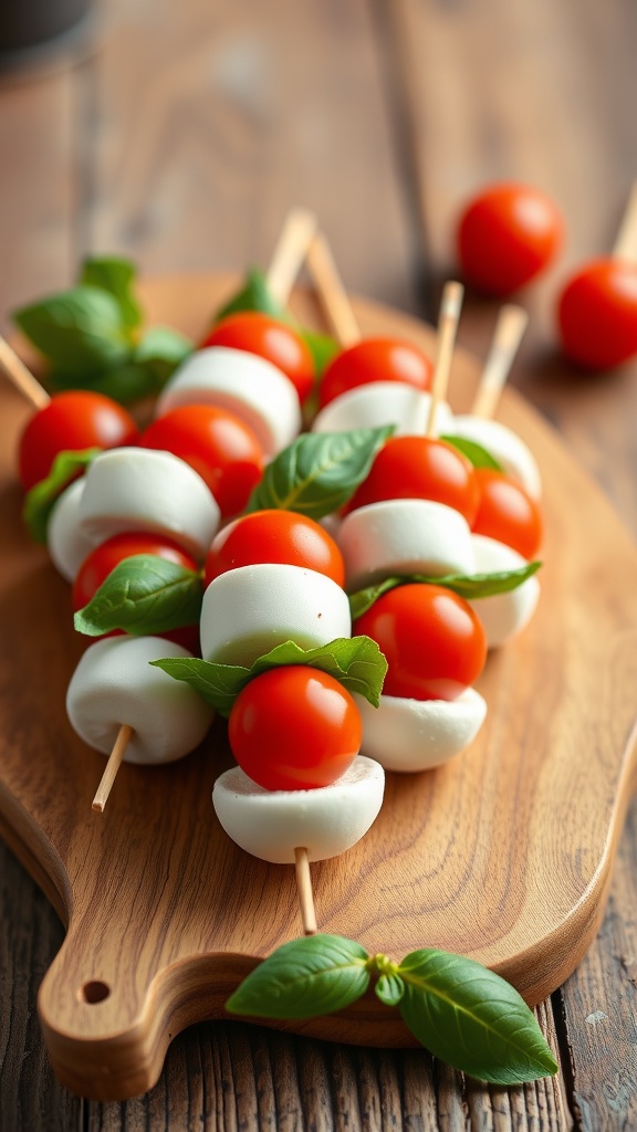 Mini Caprese skewers with cherry tomatoes, mozzarella, and basil on a wooden board.