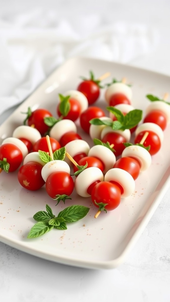 A plate of mini Caprese skewers featuring cherry tomatoes, mozzarella balls, and fresh basil leaves.