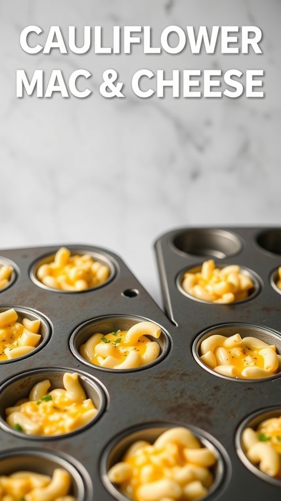 Mini cauliflower mac and cheese cups in a muffin tin