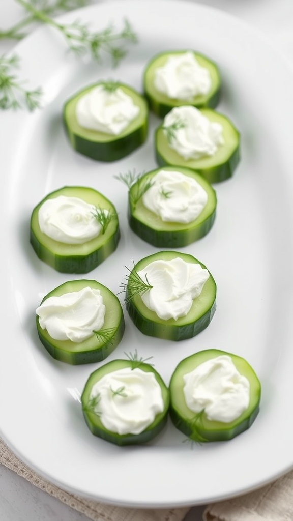 Mini cream cheese cucumber bites on a platter