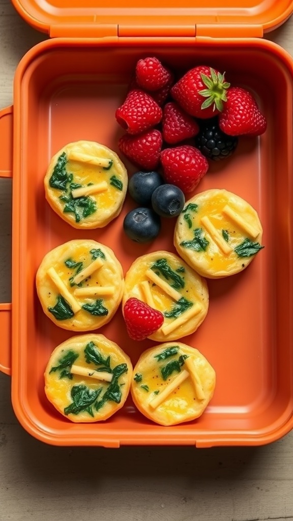 Mini egg muffins with spinach in an orange lunch box alongside fresh berries.