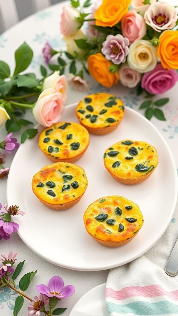 A plate of mini frittatas with spinach and cheese, surrounded by colorful flowers.